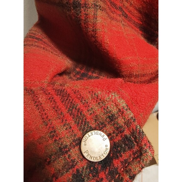 Red Buffalo Check Pendleton Lafayette  Wool  Coat Shearling Collar Womens  L - Picture 13 of 16